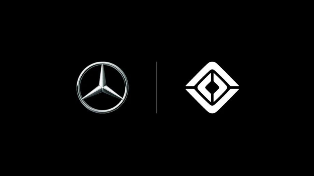 Uma imagem do logotipo da Mercedes-Benz e da Rivian. representando sua a colaboração.