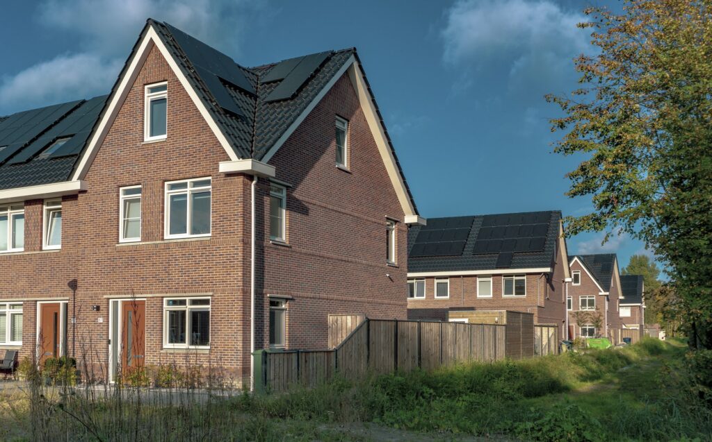 Solar panels are seen on houses inAlmere Noorderplassen, The Netherlands.